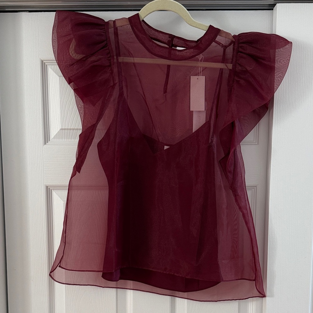 Jonathan Simkhai Burgundy Sheer Ruffle Blouse